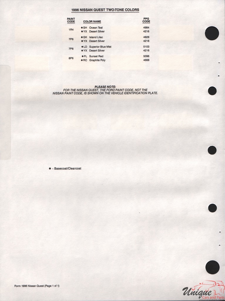 1996 Nissan Quest Paint Charts PPG 2